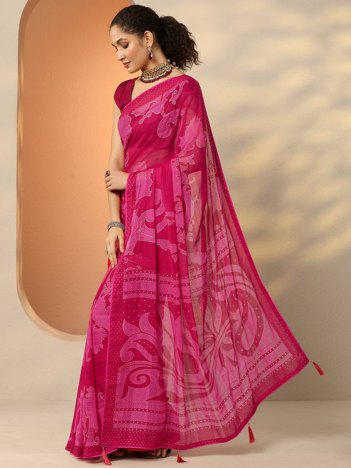 Pink Bandhani Printed Georgette Saree With Unstitched Blouse Piece