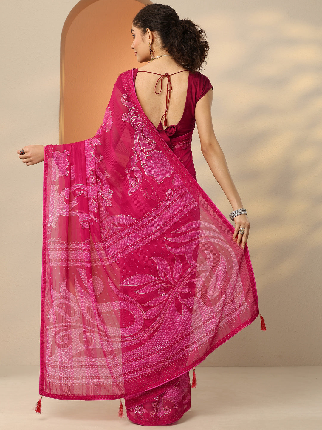 Pink Bandhani Printed Georgette Saree With Unstitched Blouse Piece