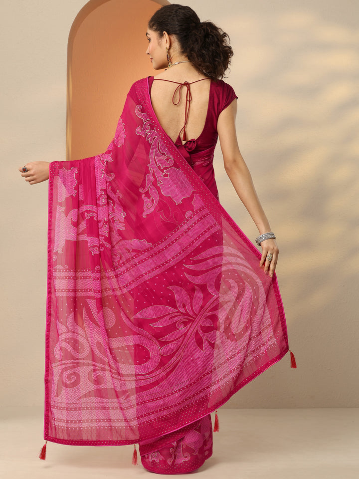 Pink Bandhani Printed Georgette Saree With Unstitched Blouse Piece