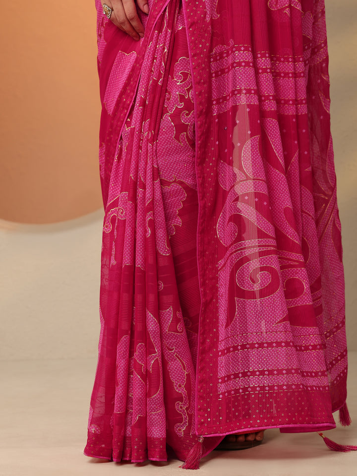 Pink Bandhani Printed Georgette Saree With Unstitched Blouse Piece