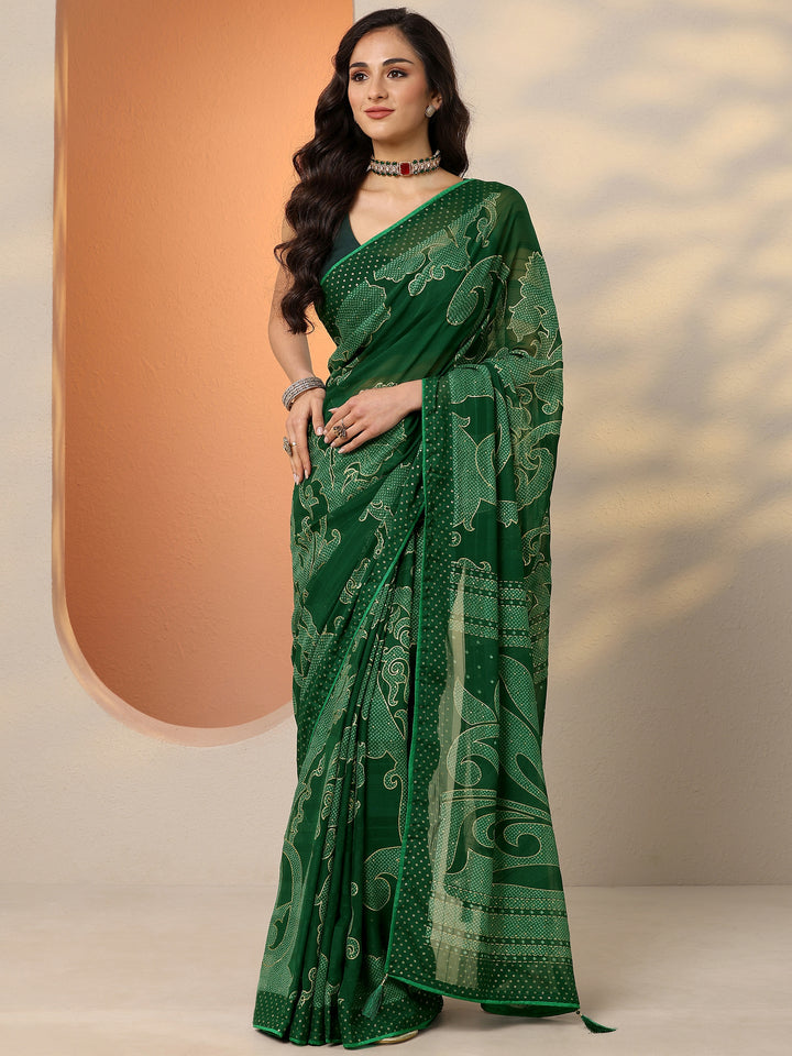 Green Bandhani Printed Georgette Saree With Unstitched Blouse Piece