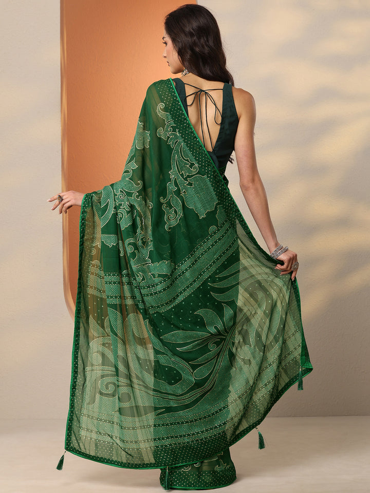 Green Bandhani Printed Georgette Saree With Unstitched Blouse Piece