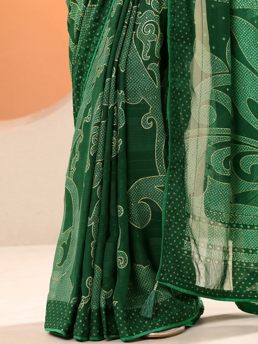 Green Bandhani Printed Georgette Saree With Unstitched Blouse Piece