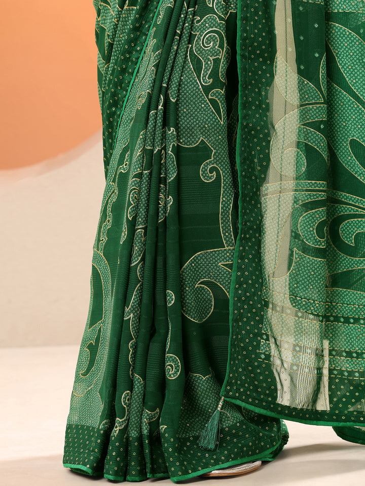 Green Bandhani Printed Georgette Saree With Unstitched Blouse Piece