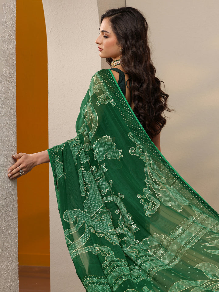 Green Bandhani Printed Georgette Saree With Unstitched Blouse Piece