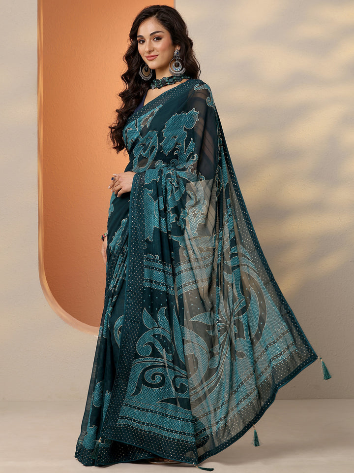 Navy Blue Bandhani Printed Georgette Saree With Unstitched Blouse Piece