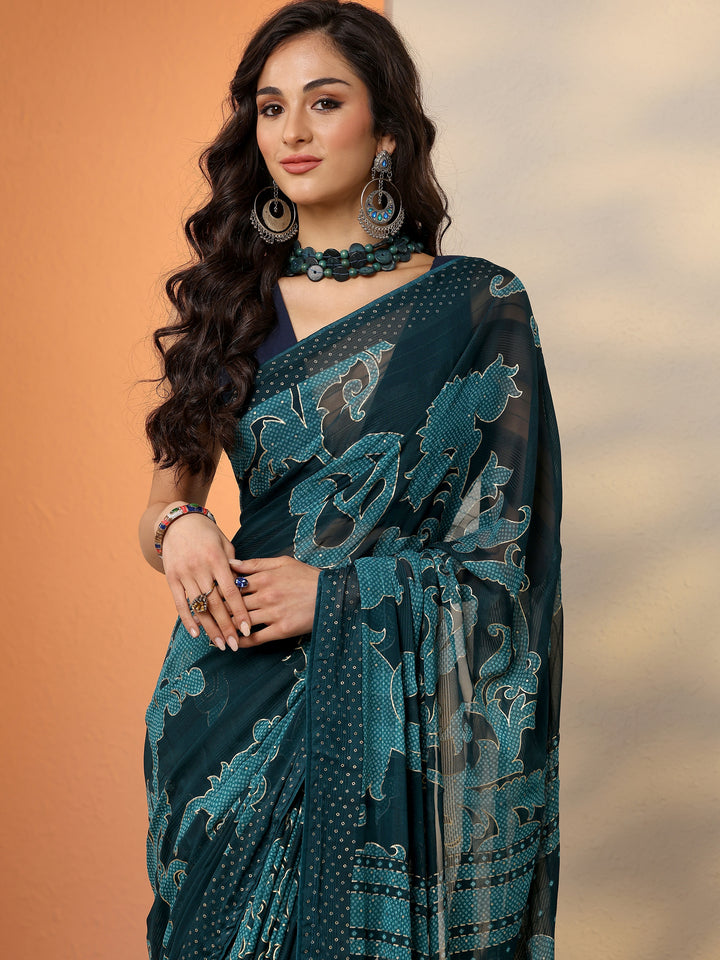 Navy Blue Bandhani Printed Georgette Saree With Unstitched Blouse Piece