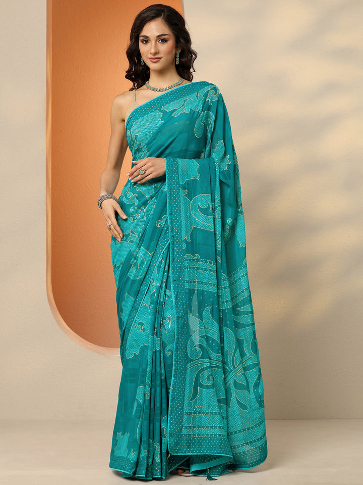 Green Bandhani Printed Georgette Saree With Unstitched Blouse Piece