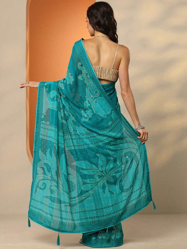 Green Bandhani Printed Georgette Saree With Unstitched Blouse Piece