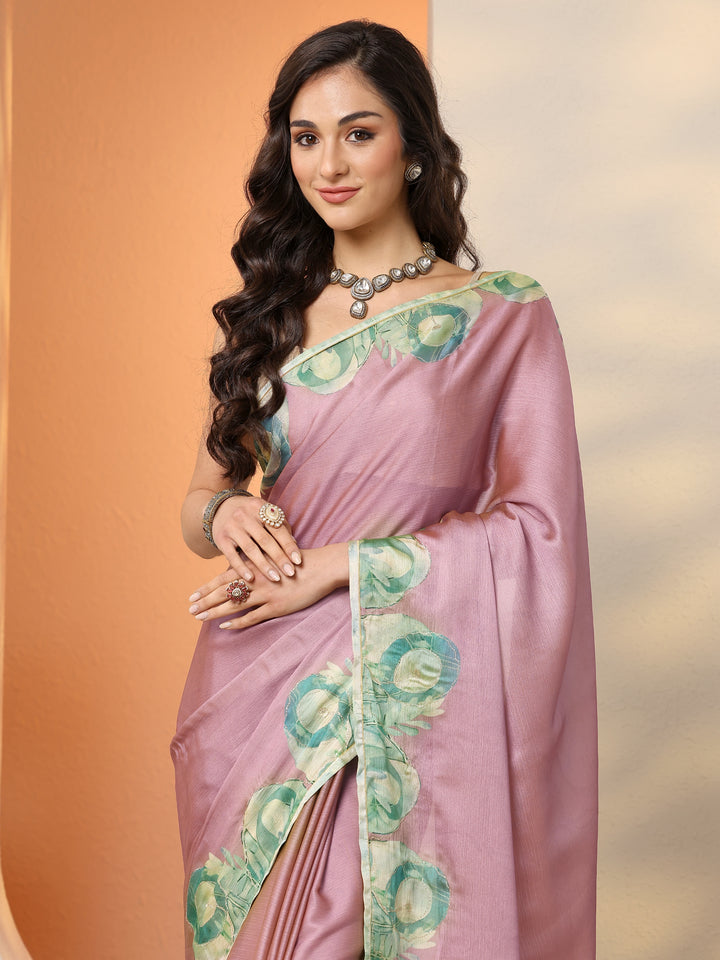 Mauve Printed Silk Blend Saree With Unstitched Blouse Piece