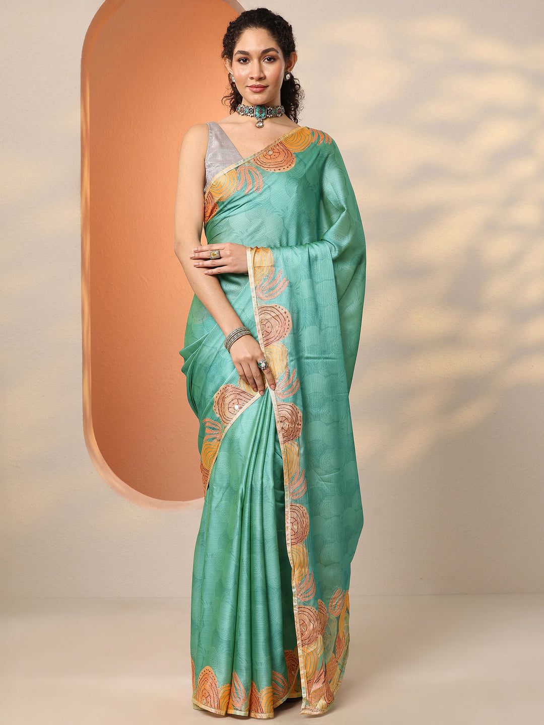 Green Printed Silk Blend Saree With Unstitched Blouse Piece