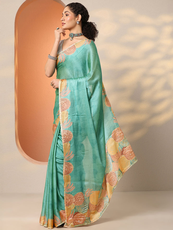 Green Printed Silk Blend Saree With Unstitched Blouse Piece