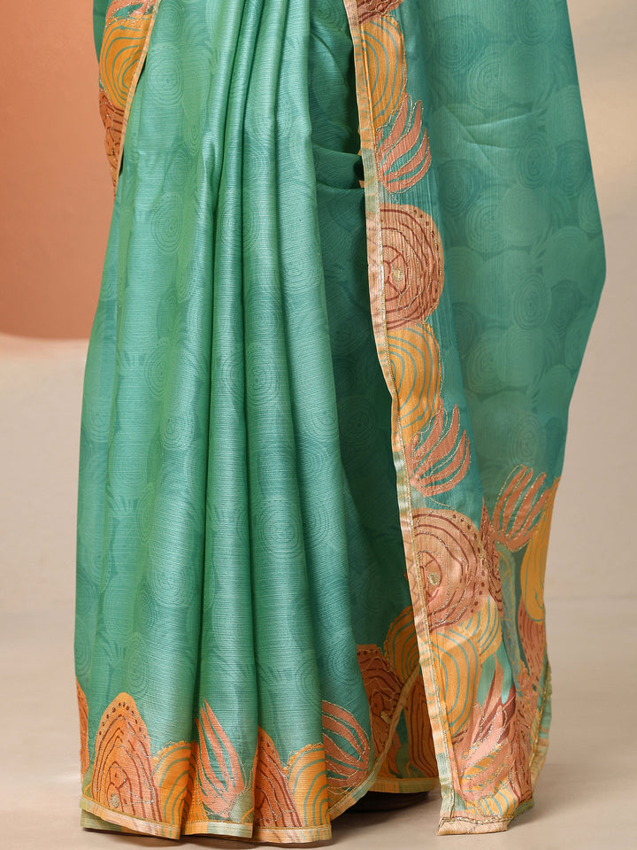 Green Printed Silk Blend Saree With Unstitched Blouse Piece