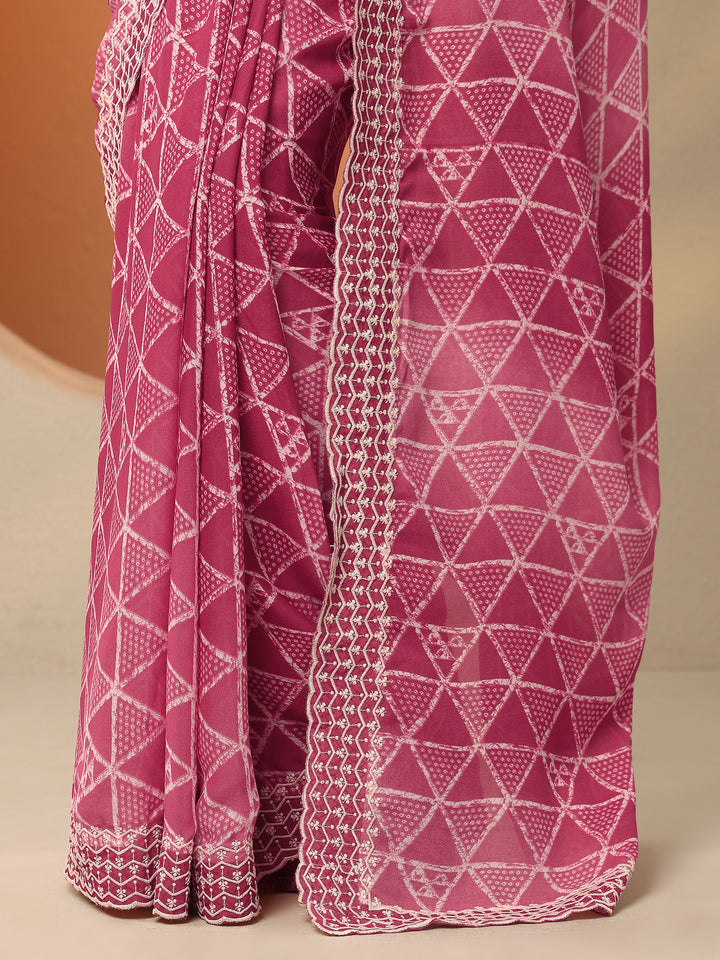Pink Bandhani Printed Georgette Saree With Unstitched Blouse Piece