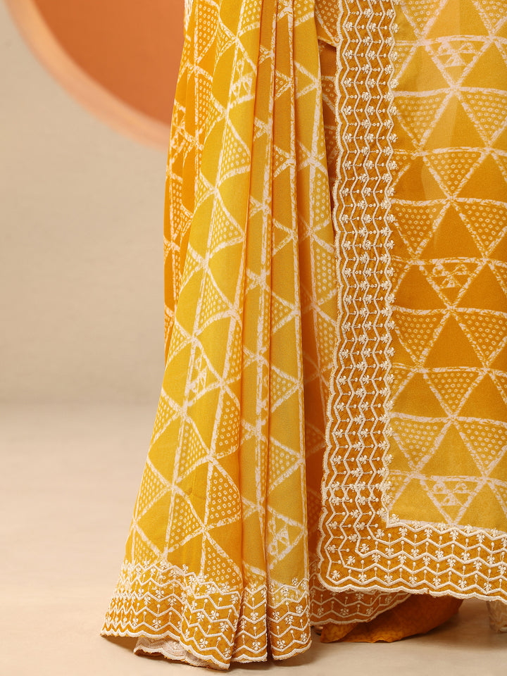 Mustard Bandhani Printed Georgette Saree With Unstitched Blouse Piece