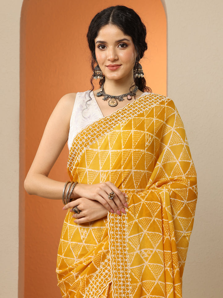 Mustard Bandhani Printed Georgette Saree With Unstitched Blouse Piece