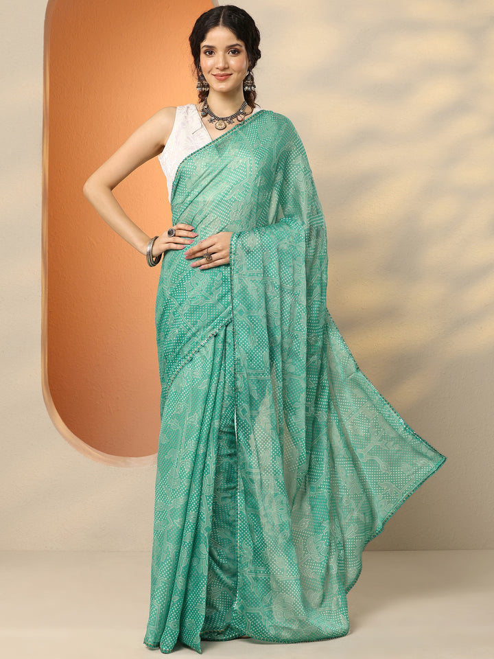 Green Bandhani Printed Georgette Saree With Unstitched Blouse Piece