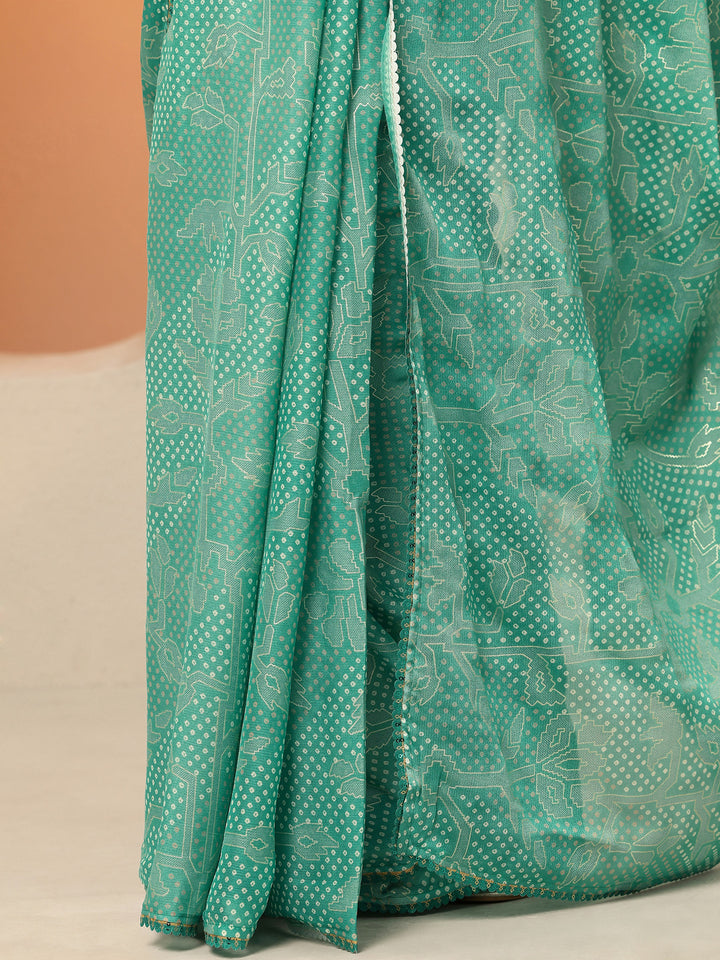 Green Bandhani Printed Georgette Saree With Unstitched Blouse Piece