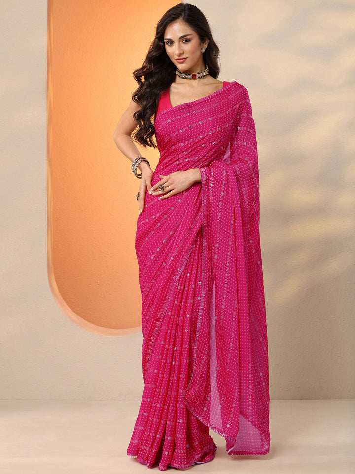 Pink Bandhani Printed Georgette Saree With Unstitched Blouse Piece