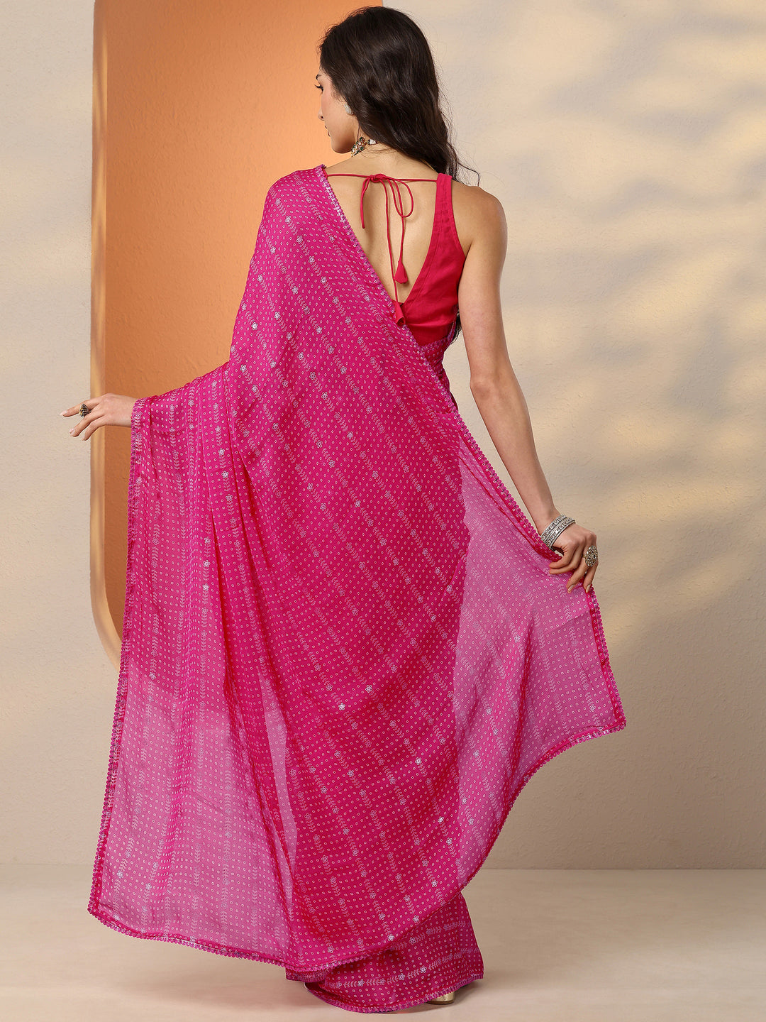 Pink Bandhani Printed Georgette Saree With Unstitched Blouse Piece