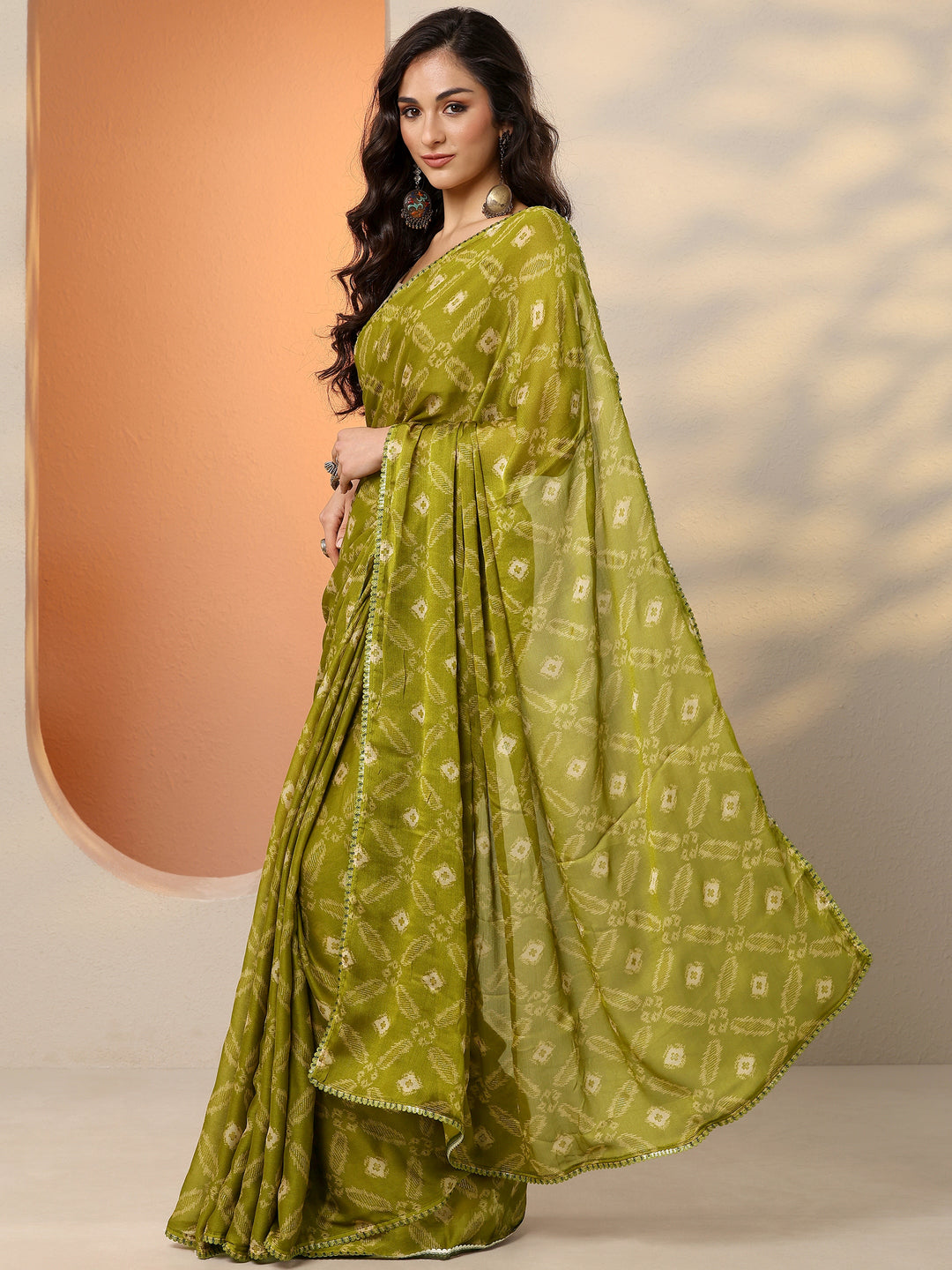 Green Printed Georgette Saree With Unstitched Blouse Piece