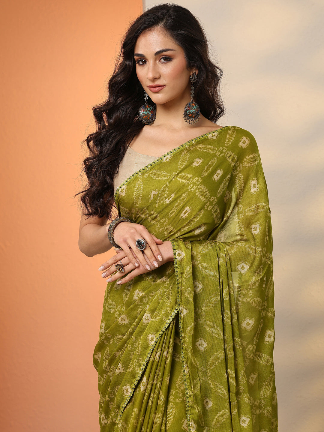 Green Printed Georgette Saree With Unstitched Blouse Piece