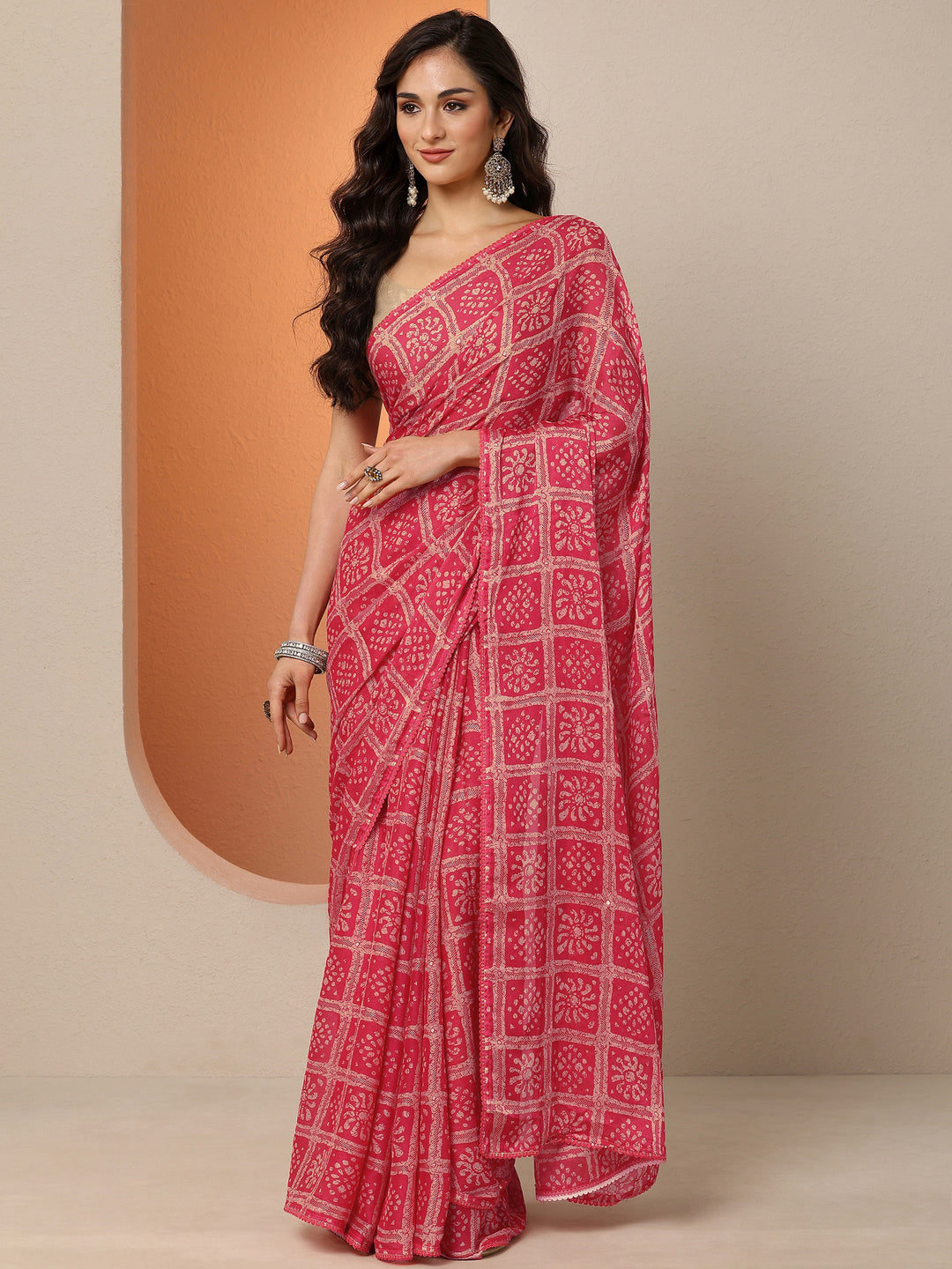 Pink Printed Georgette Saree With Unstitched Blouse Piece