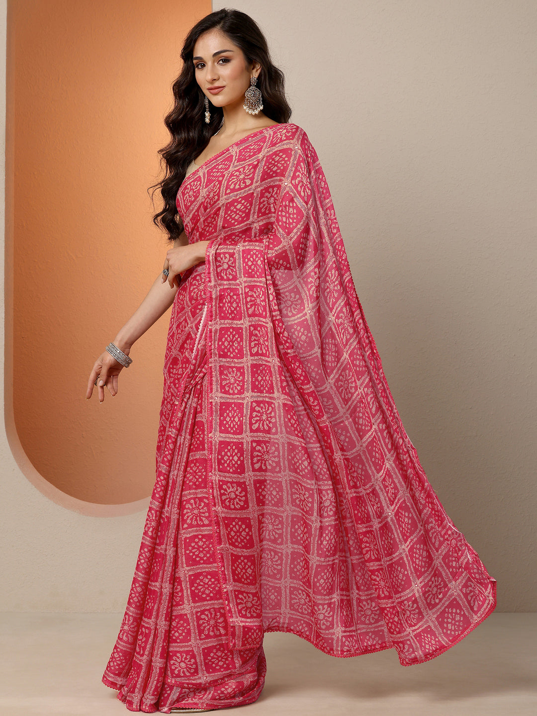 Pink Printed Georgette Saree With Unstitched Blouse Piece