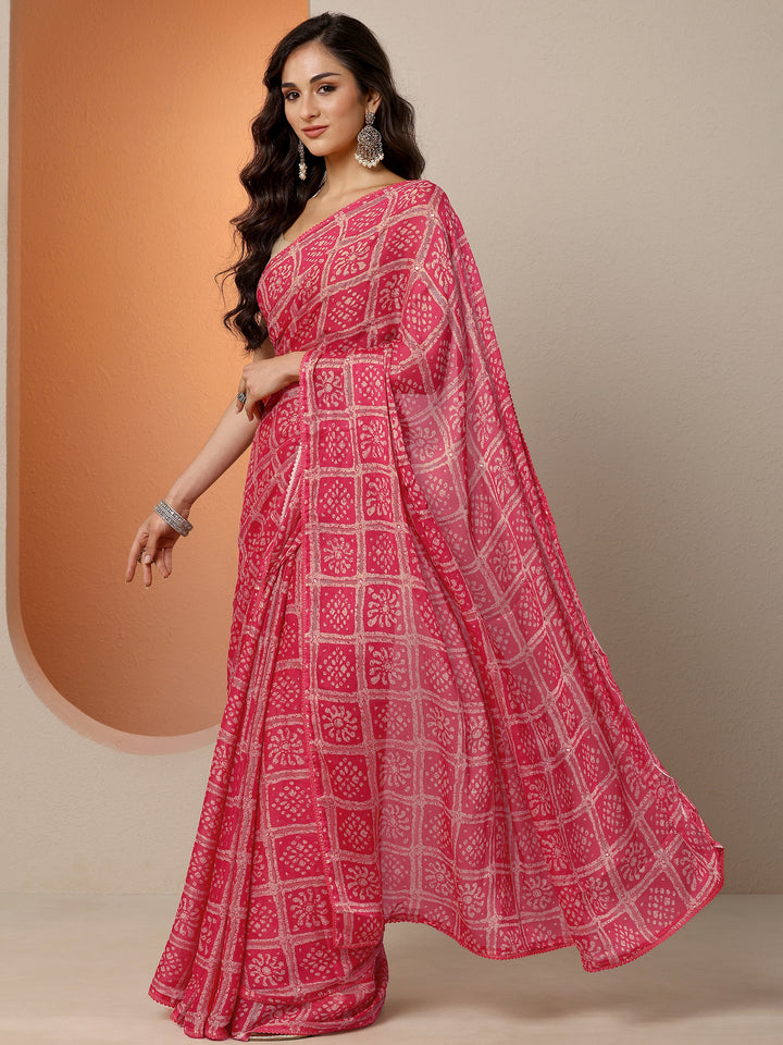 Pink Printed Georgette Saree With Unstitched Blouse Piece