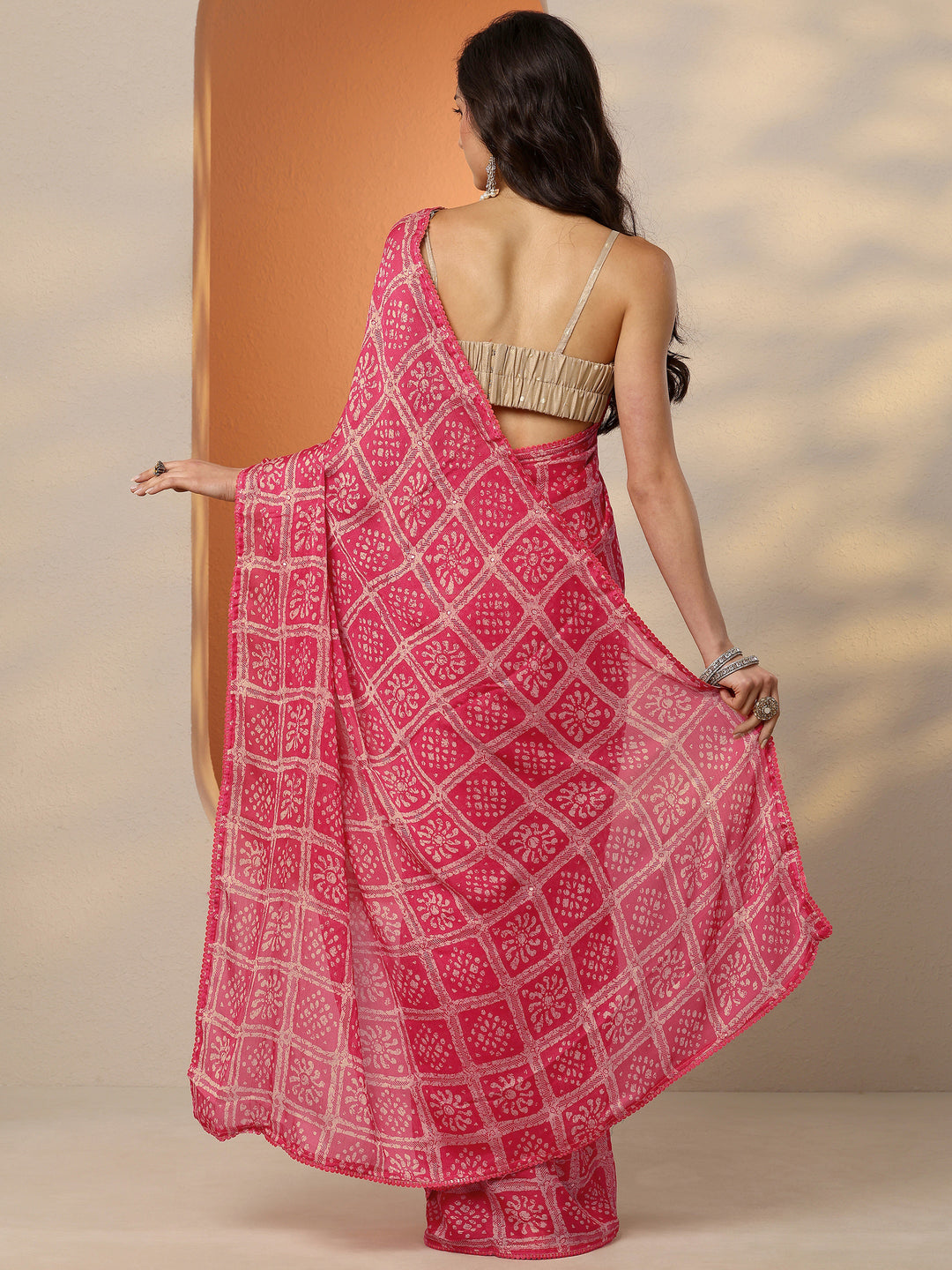 Pink Printed Georgette Saree With Unstitched Blouse Piece