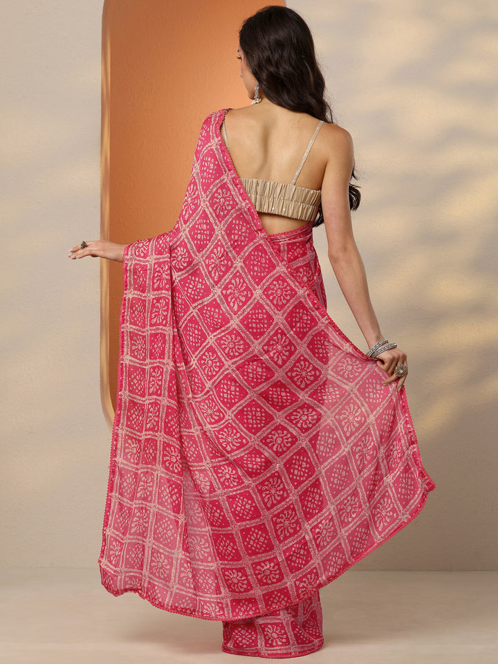 Pink Printed Georgette Saree With Unstitched Blouse Piece