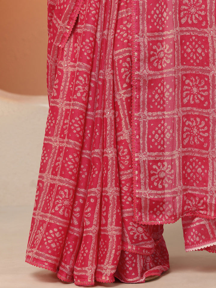 Pink Printed Georgette Saree With Unstitched Blouse Piece
