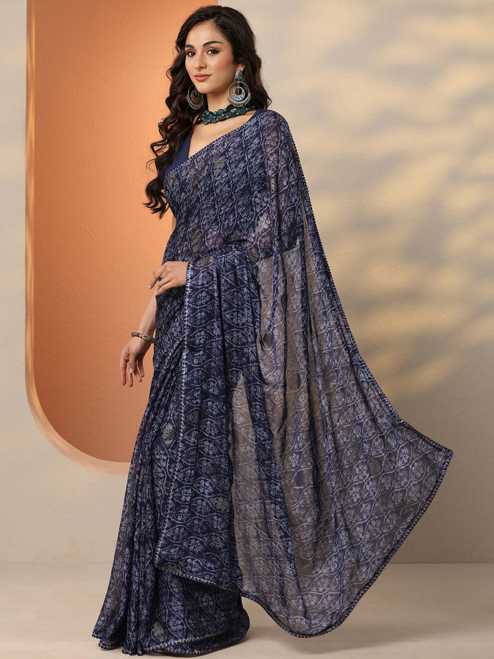 Navy Blue Printed Georgette Saree With Unstitched Blouse Piece