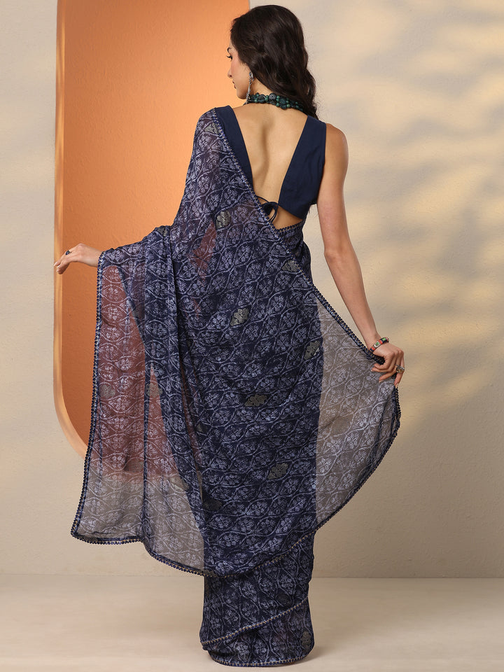 Navy Blue Printed Georgette Saree With Unstitched Blouse Piece