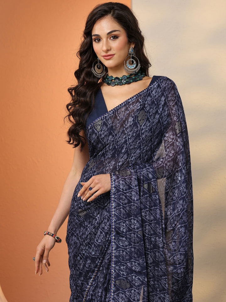 Navy Blue Printed Georgette Saree With Unstitched Blouse Piece