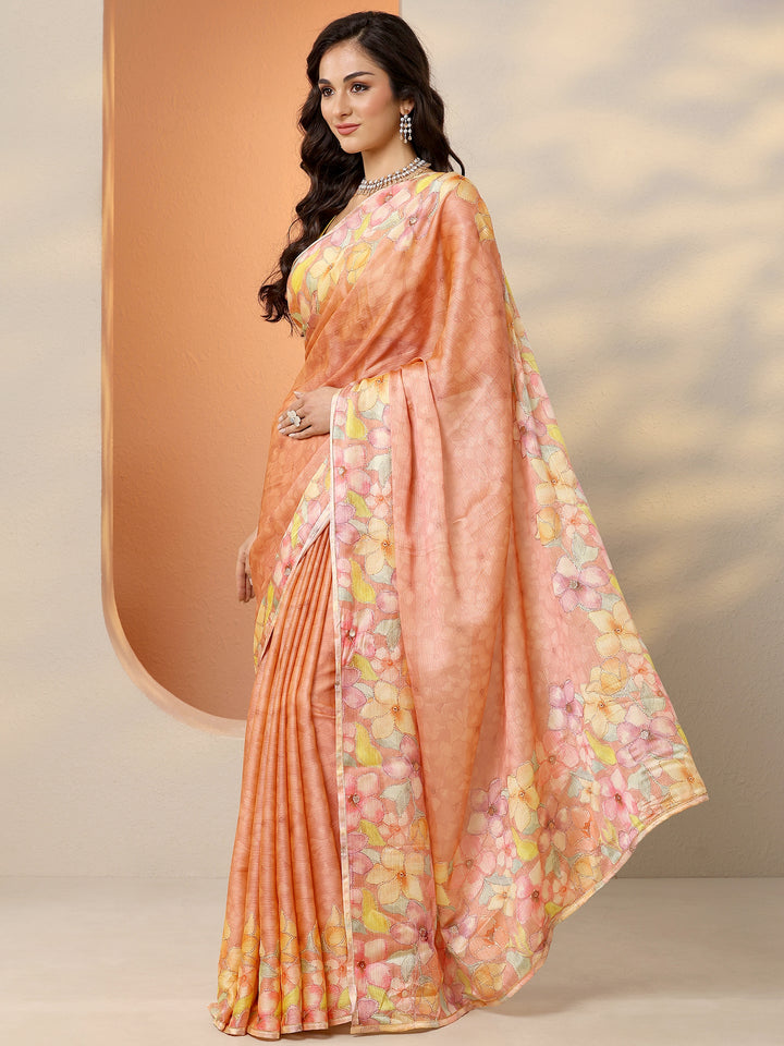 Peach Printed Silk Blend Saree With Unstitched Blouse Piece