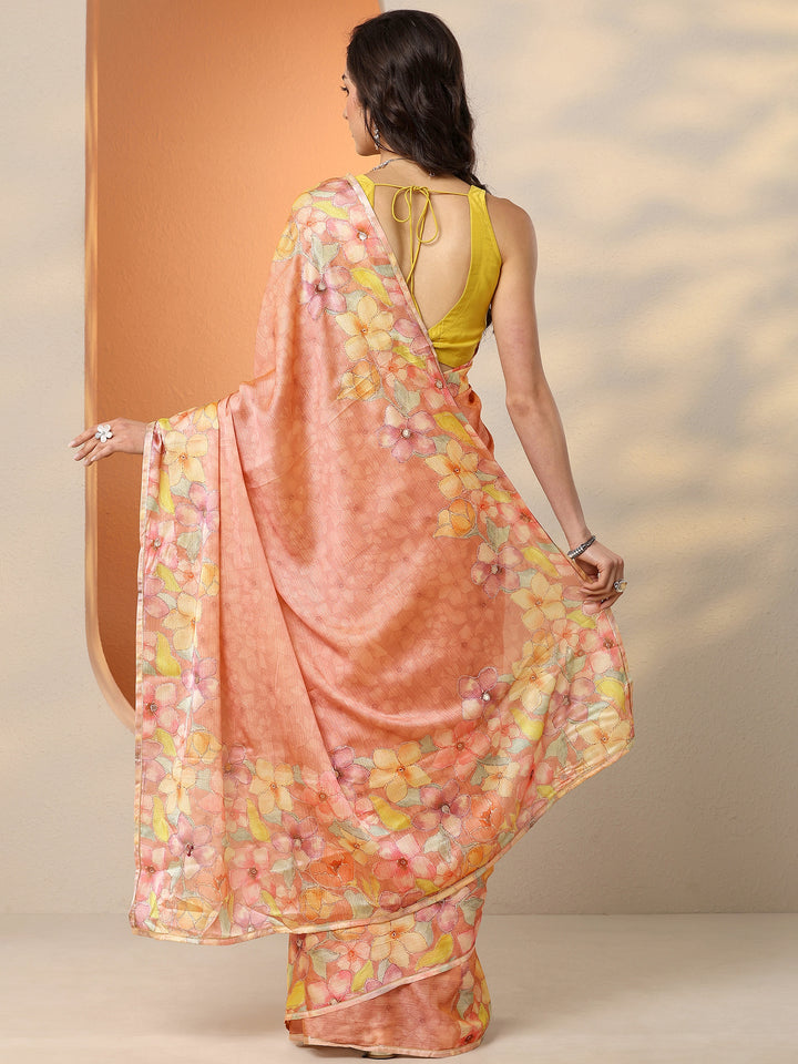 Peach Printed Silk Blend Saree With Unstitched Blouse Piece