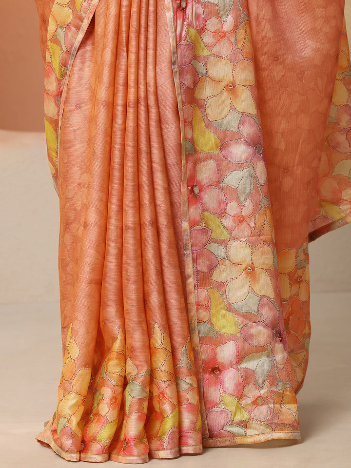 Peach Printed Silk Blend Saree With Unstitched Blouse Piece