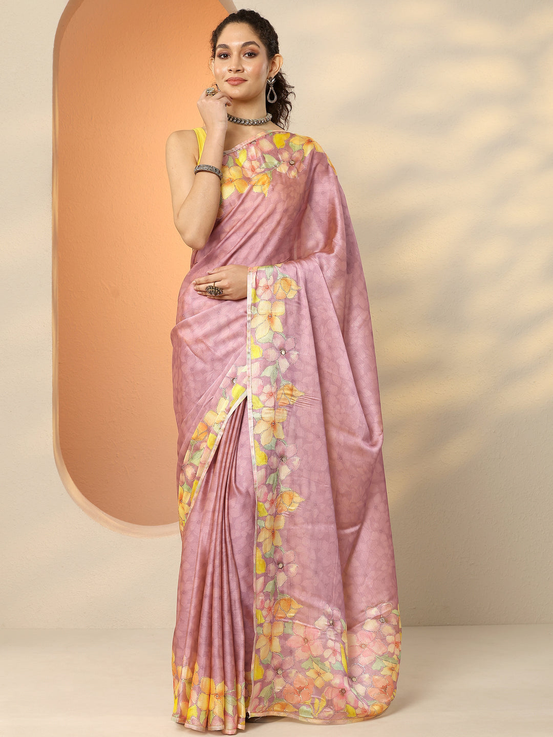 Mauve Printed Silk Blend Saree With Unstitched Blouse Piece