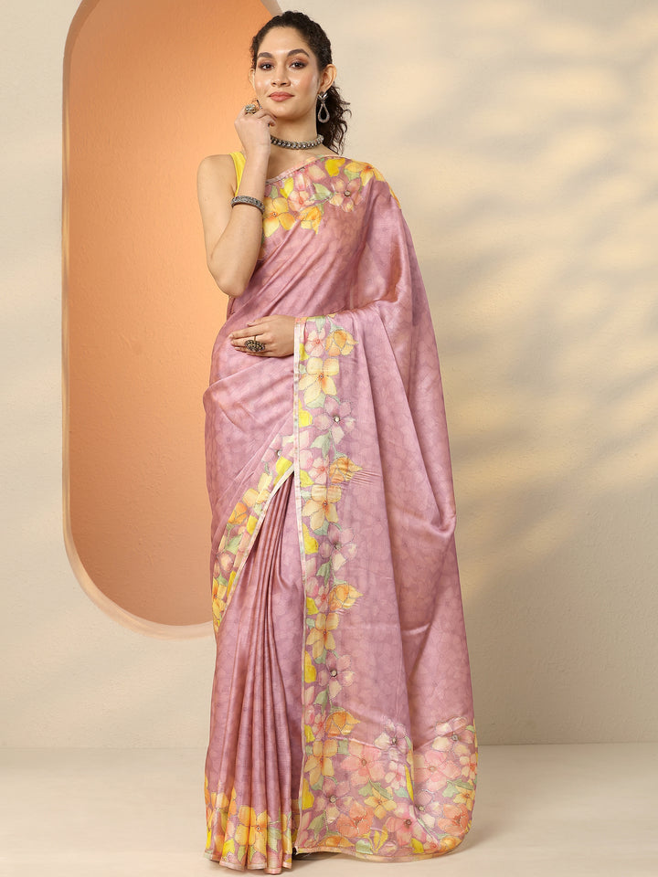 Mauve Printed Silk Blend Saree With Unstitched Blouse Piece