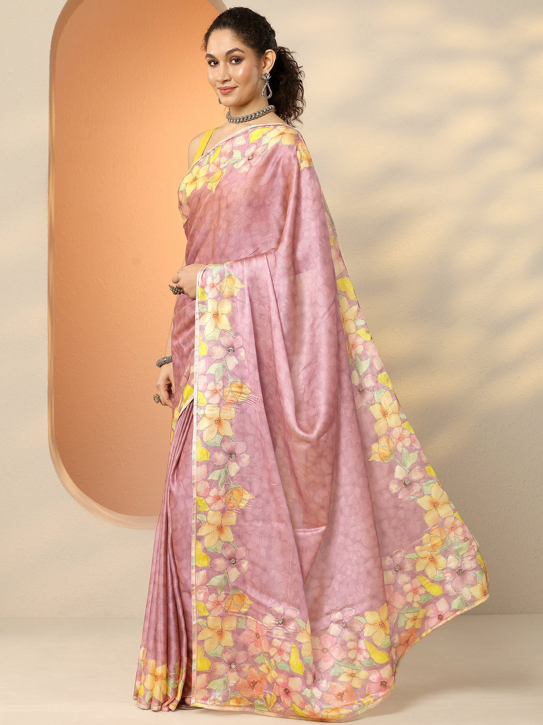 Mauve Printed Silk Blend Saree With Unstitched Blouse Piece