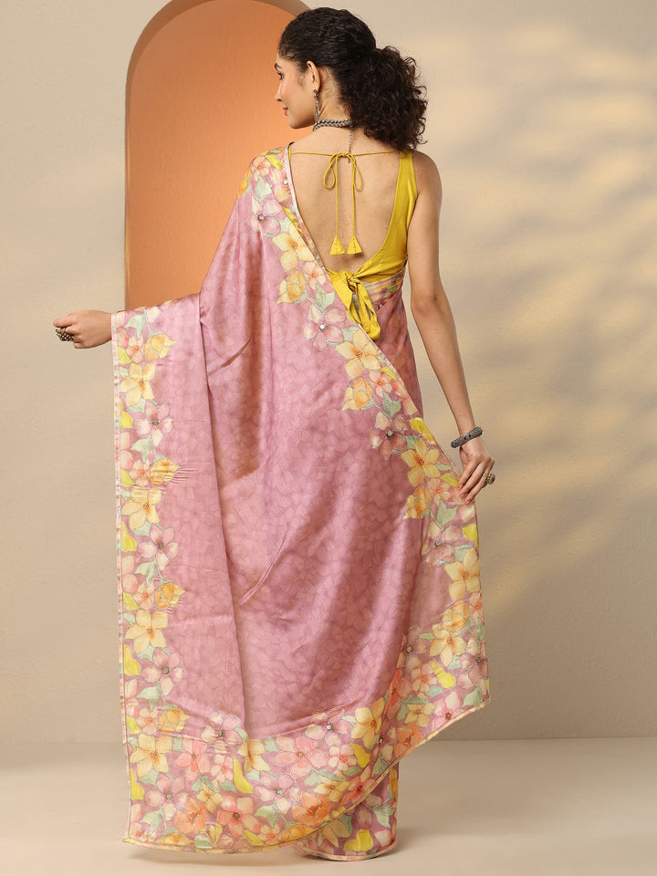 Mauve Printed Silk Blend Saree With Unstitched Blouse Piece