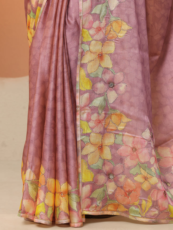 Mauve Printed Silk Blend Saree With Unstitched Blouse Piece