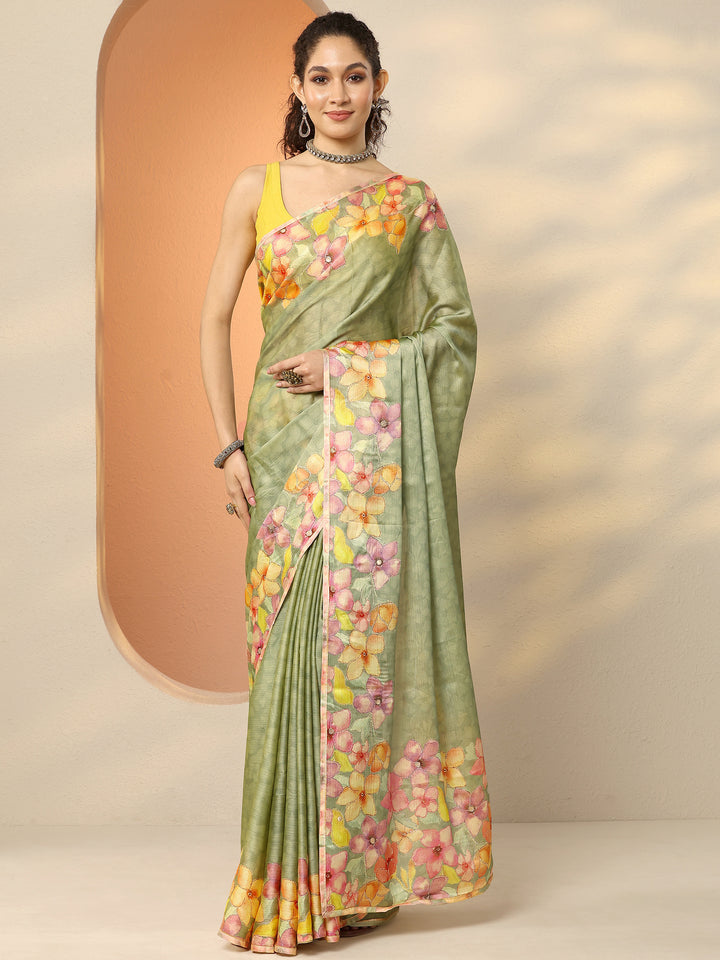 Green Printed Silk Blend Saree With Unstitched Blouse Piece