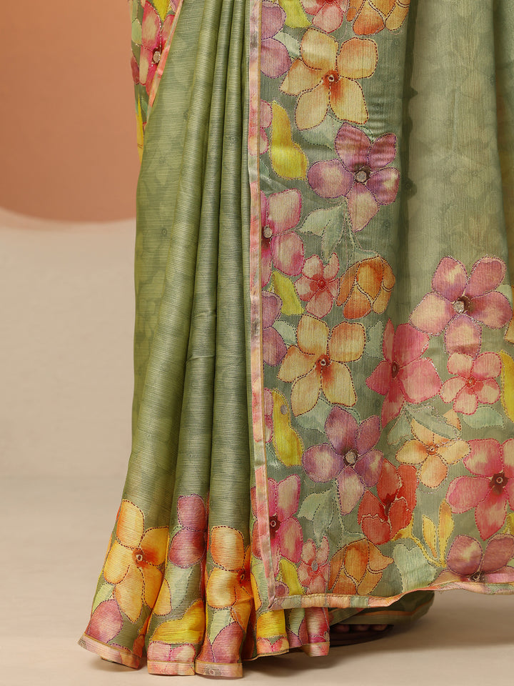Green Printed Silk Blend Saree With Unstitched Blouse Piece