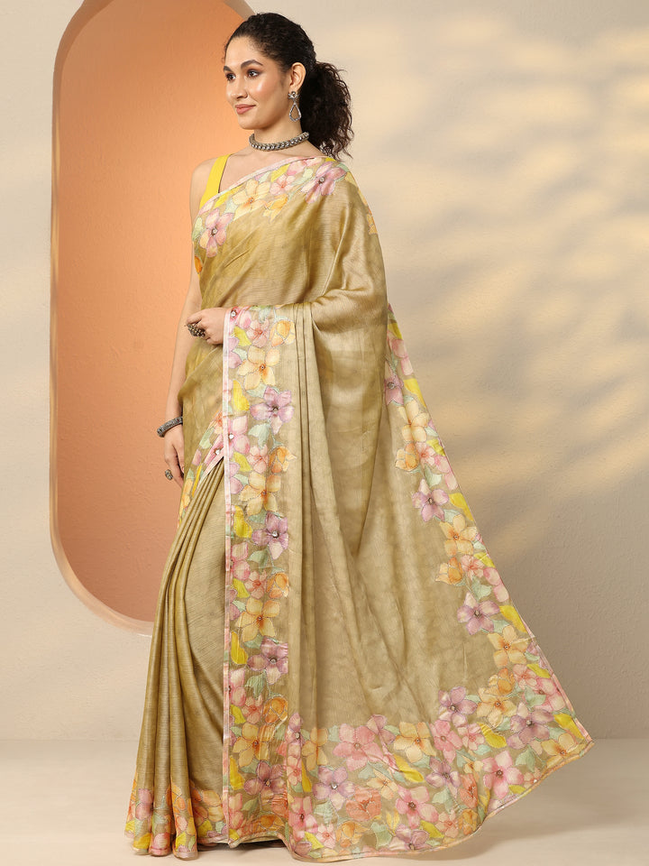 Green Printed Silk Blend Saree With Unstitched Blouse Piece