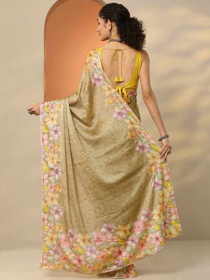 Green Printed Silk Blend Saree With Unstitched Blouse Piece