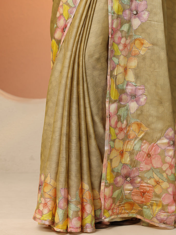 Green Printed Silk Blend Saree With Unstitched Blouse Piece