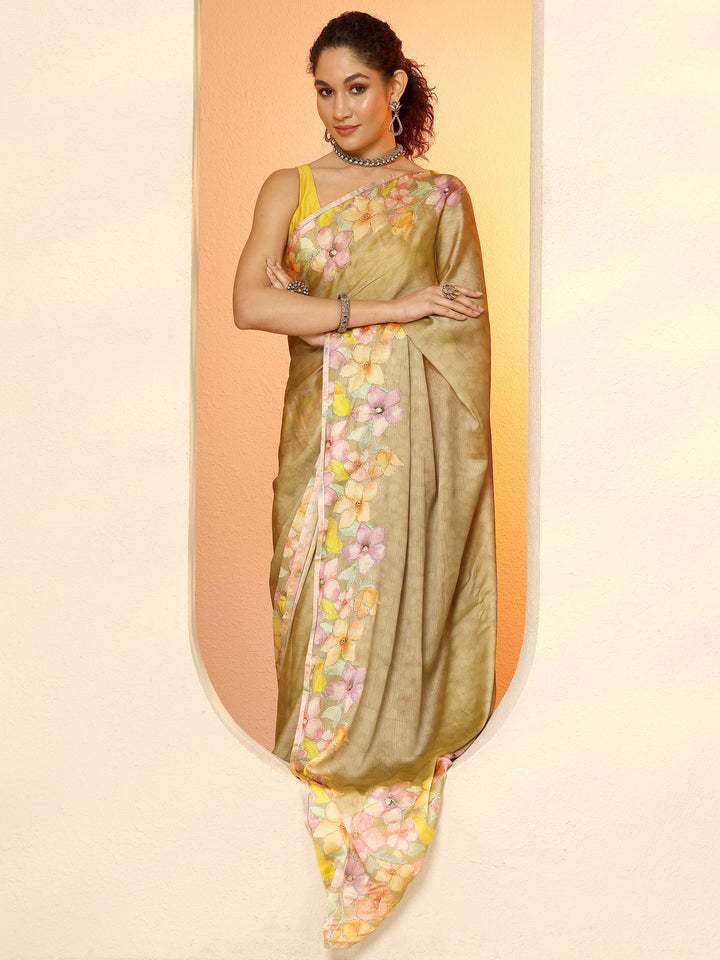 Green Printed Silk Blend Saree With Unstitched Blouse Piece