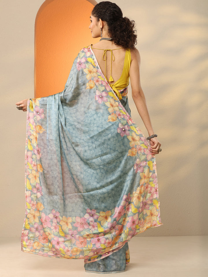 Blue Printed Silk Blend Saree With Unstitched Blouse Piece